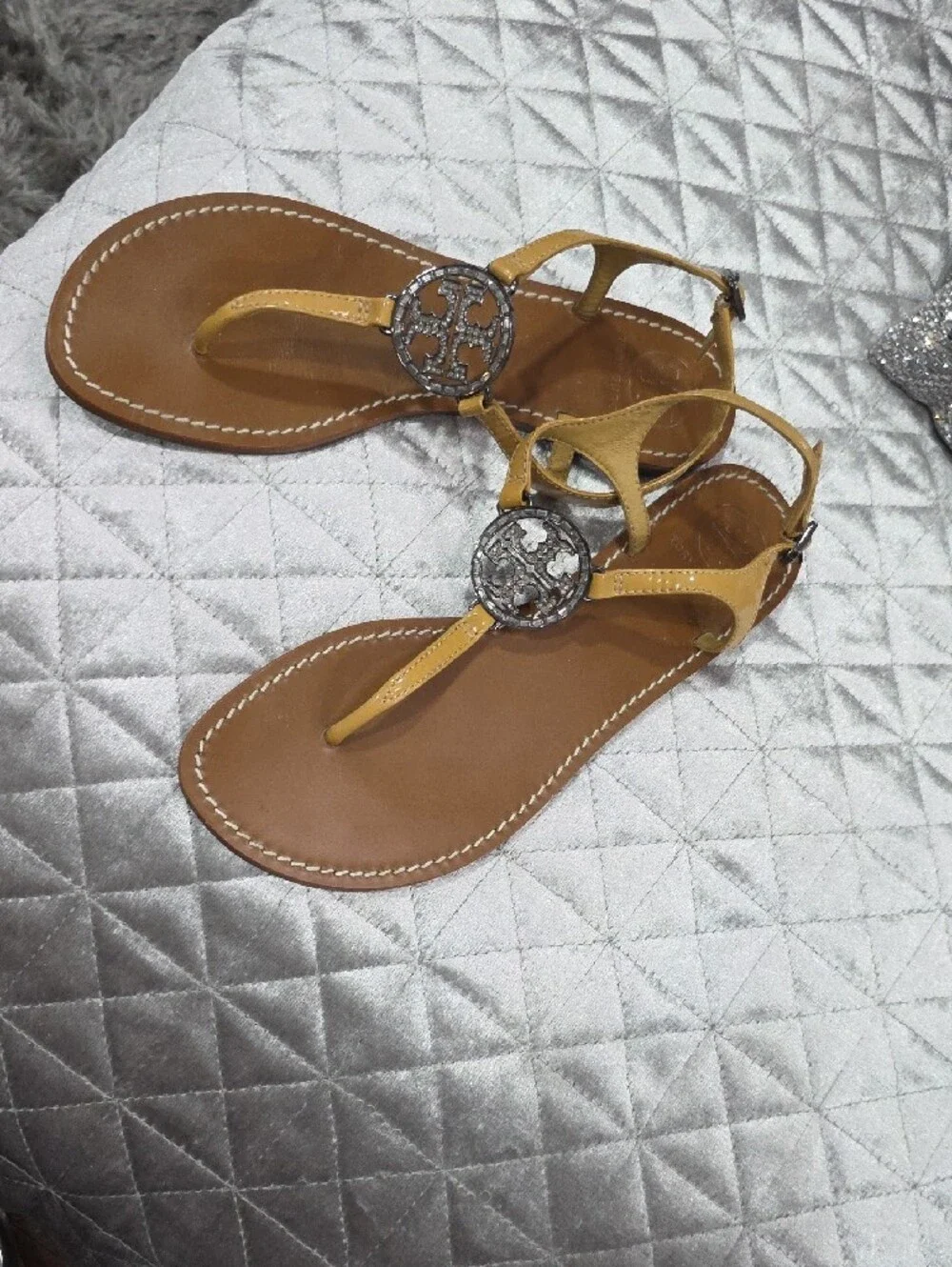 Tory Burch Yellow Leather T-Strap Sandals with Silver Logo Accent
